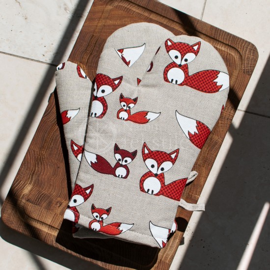 Colourful half-linen oven mitt "Foxes"